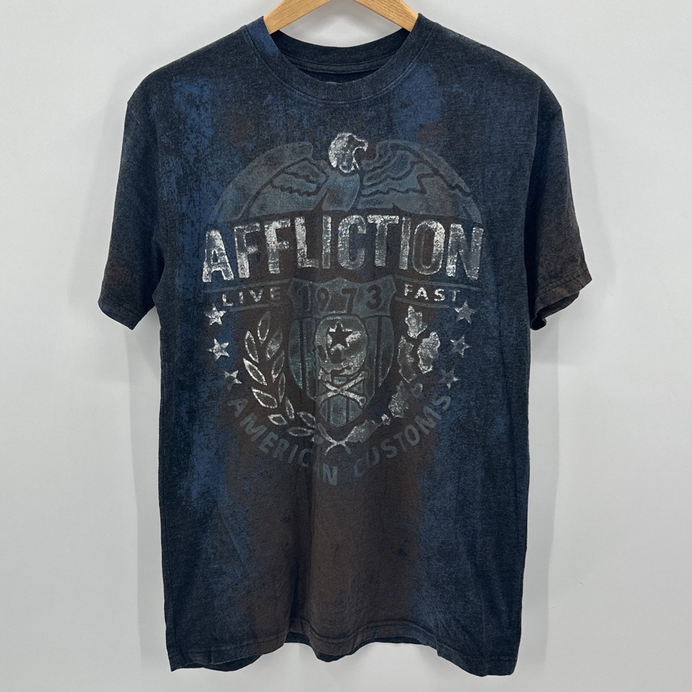 Affliction Shirt Mens Large Short Sleeve T Skull Biker Goth Y2K Emo Patch MC L